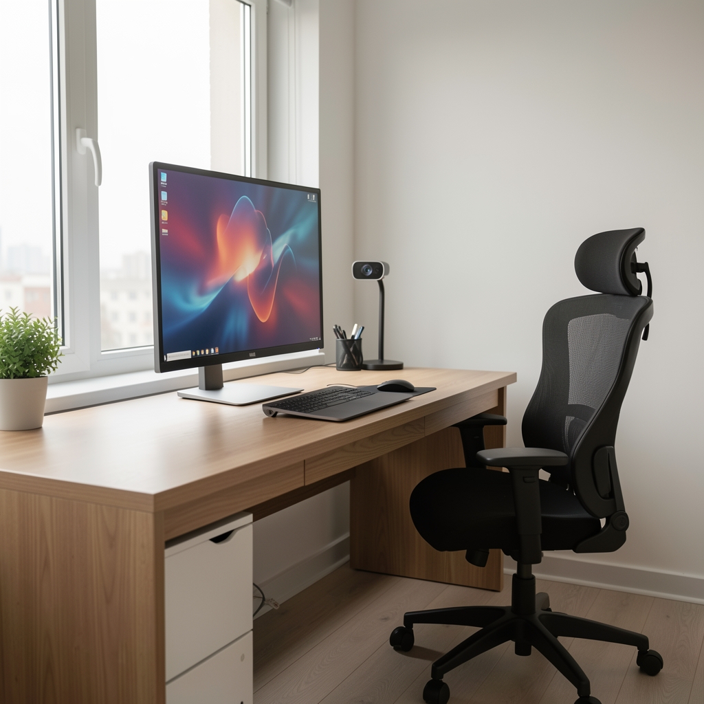 Profesionalni home office prostor sa monitorom laptop dockom i ergonomskom opremom za hibridni rad u modernom stambenom prostoru
