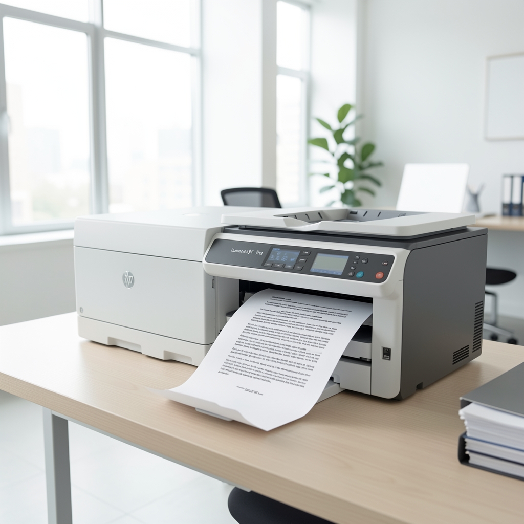 Kancelarijski laserski MFP stampac HP na stolu sa ispisanim dokumentima i zelenim svetlom koje indicira spreman status