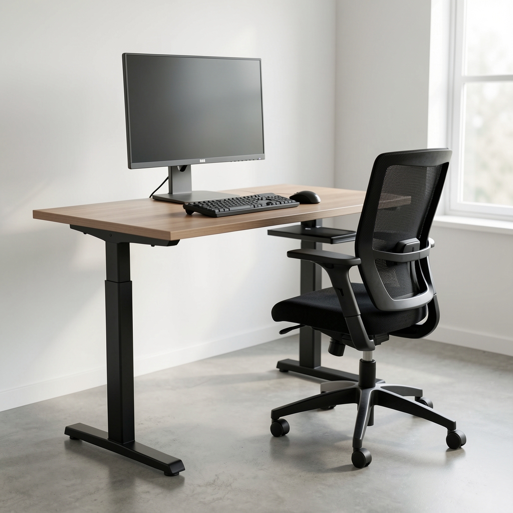 Ergonomski kancelarijski sto sa podesivom visinom, ergonomskom stolicom, monitorom na nosaču i tastaturom sa odmorom za zglavak