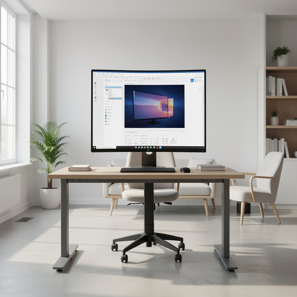 Moderni ultraširoki IPS monitor za kancelarijsku upotrebu postavljen na ergonomski podesivom postolju u svetloj poslovnoj prostoriji sa minimalističkim nameštajem