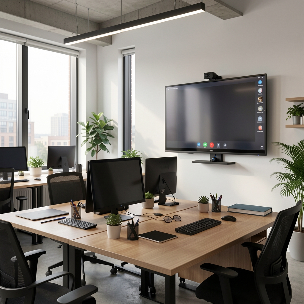 Moderni coworking prostor sa profesionalnom opremom za hibridni rad, konferencijskim monitorom i web kamerom za video pozive