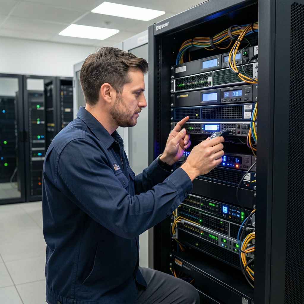 Stručnjak za IT infrastrukturu instalira rack UPS uređaj u server sobi sa LED indikatorima koji svetle – profesionalno okruženje