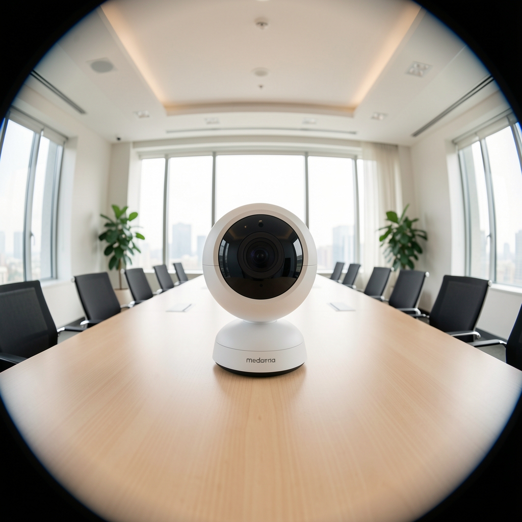Moderna USB konferencijska kamera 4K na stolu u svetloj sali za sastanke – panoramski fisheye ugao za video pozive