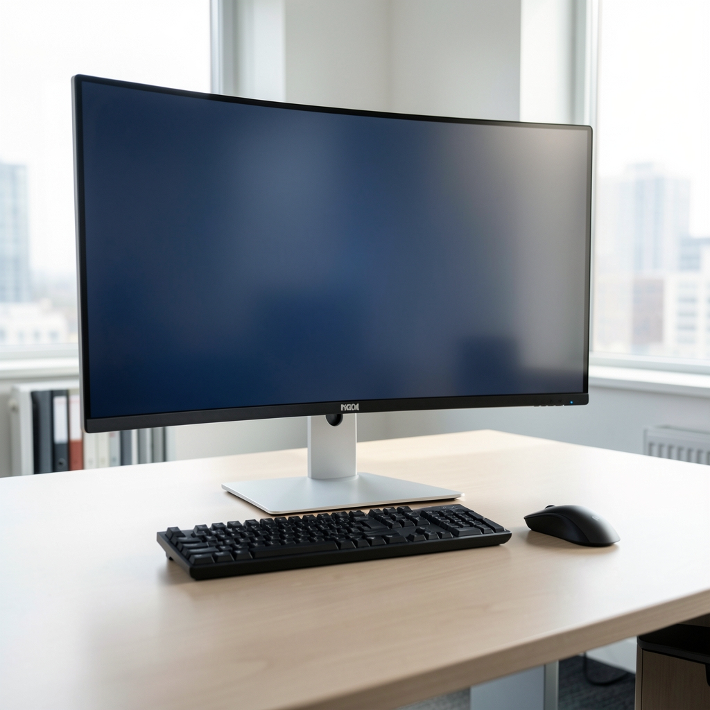 Ultrawide poslovni monitor na čistom kancelarijskom stolu sa tastaturom i mišem – profesionalni displej visoke rezolucije