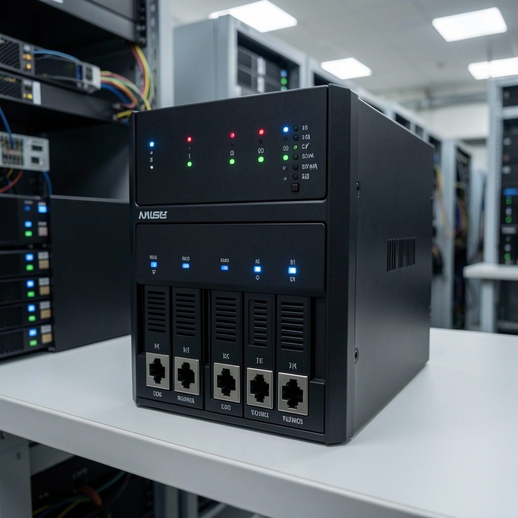 Rack UPS uređaj za neprekidno napajanje u server sobi – crna kutija sa LED indikatorima i utičnicama