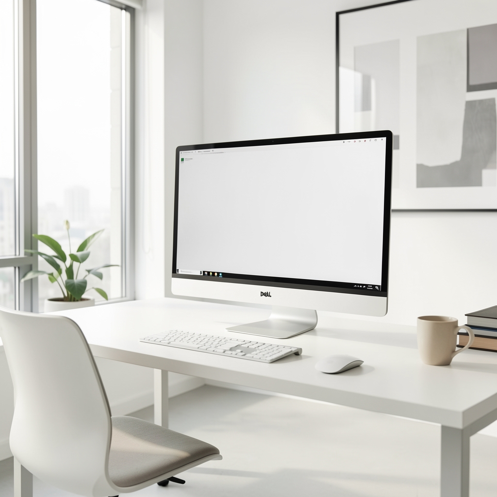 Dell UltraSharp U2723QE 27-inčni 4K IPS monitor – prednji prikaz na belom kancelarijskom stolu sa tankim okvirom i srebrnim postoljem