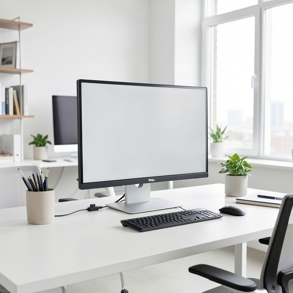 Dell UltraSharp U2723QE 27-inčni 4K IPS monitor sa tankim okvirom i USB-C hubom na belom kancelarijskom stolu – prednji pogled