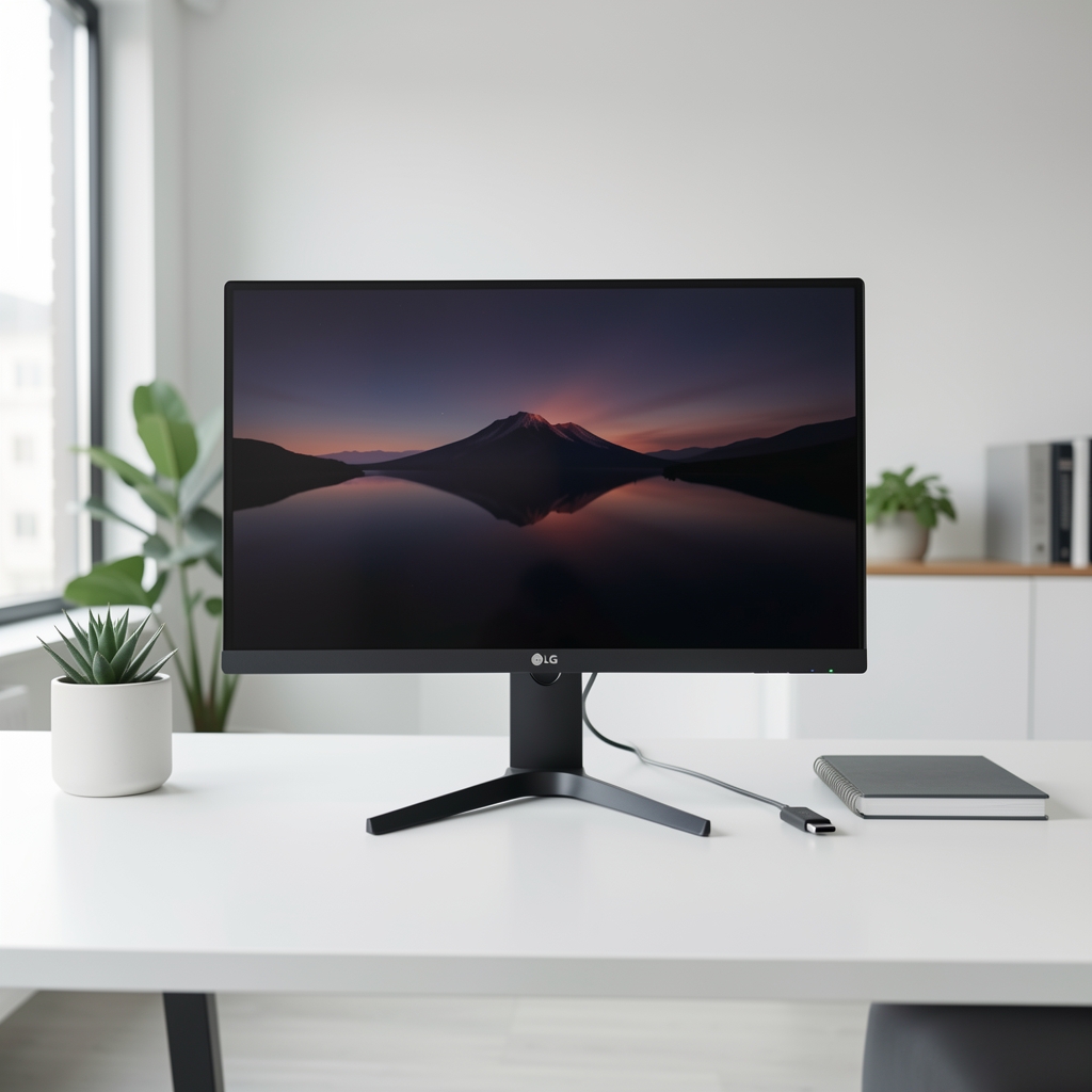 LG 27UK850-W 27-inčni 4K UHD IPS monitor sa USB-C priključkom i HDR10 podrškom – prednji prikaz na belom stolu
